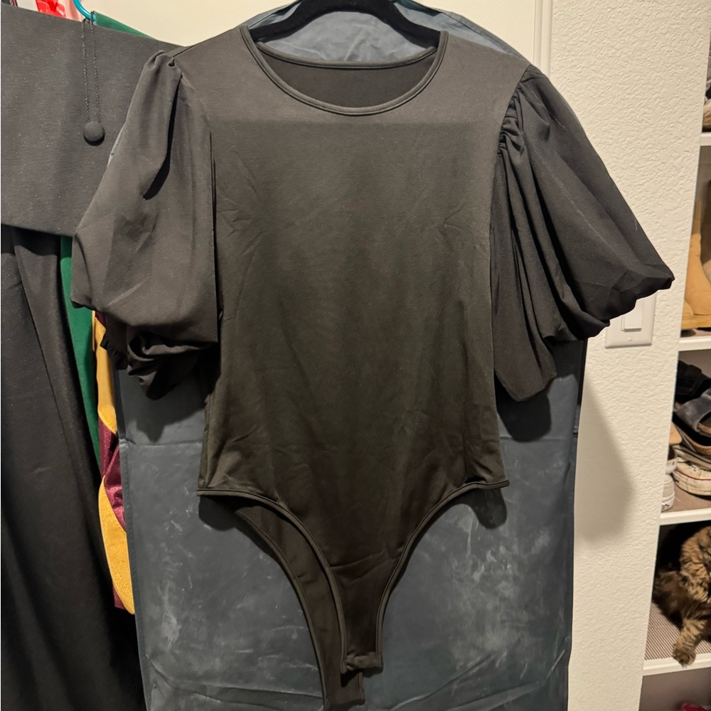 Elegant Black Puff Sleeve Bodysuit